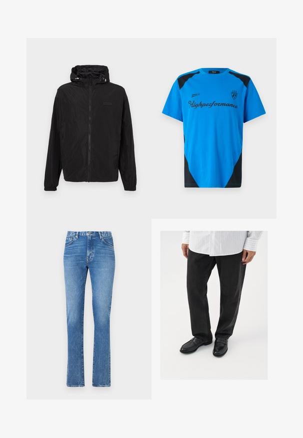 Veste légère noire avec capuche, équipée d'une fermeture éclair frontale, de poignets élastiques et d'une petite poche poitrine avec une étiquette. Texture lisse.; Replay SHORT SLEEVE GRAPHIC - T-shirt imprimé - azzurro; Jeans en denim bleu clair avec une coupe droite, taille mi-haute et style à cinq poches. Comprend des coutures visibles et une fermeture à bouton.; Pantalons en denim noir associés à des mocassins noirs brillants. La chemise est blanche avec de fines rayures verticales, avec des manches longues et un col boutonné.