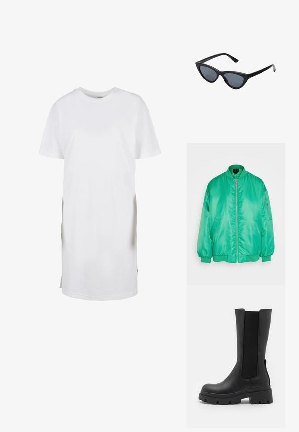 Vero Moda VMAMBER OVERSIZE JACKET - Bombera - bright green; Biele krátke tričko s krátkym rukávom, vyrobené z bavlny, má voľný strih, okrúhly výstrih a bočné rozparky na dolnom leme pre pohodlný pohyb.; ONLY SHOES ONLDOJA - Čižmy na platforme - black; Čierne slnečné okuliare v štýle mačacích očí s tmavošedými sklami, elegantným plastovým rámom, špicatými rohmi a rovnými stranami. Bez viditeľného hardvéru alebo akcentov.