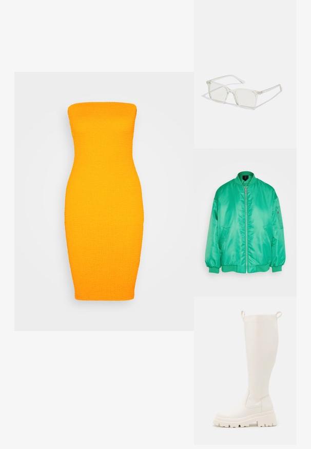 Vero Moda VMAMBER OVERSIZE JACKET - Bomber-jakk - bright green; Even&Odd by Zalando Vabalt langev kleit - orange; Knee-high valged valged kummist saapad, millel on paks kand ja külgedel elastsed paneelid. Omab ülaosas tõmblukke lihtsamaks jalga panemiseks. Sile tekstuur.; Selge plastmassist ruudukujulised prilliraamid koos läbipaistvate läätsedega, millel on kuldsed aktsendid templitel, et lisada detaile.