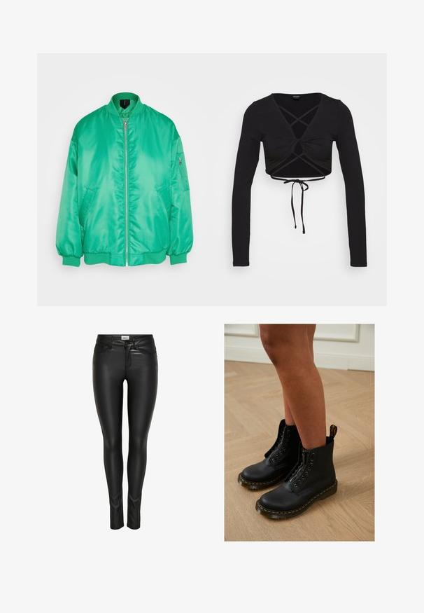 Vero Moda VMAMBER OVERSIZE JACKET - Bombera - bright green; Monki Top s dlhým rukávom - black; Čierne slim-fit nohavice z umelého kože s predným gombíkom, zipsom a pútkami na opasok, vystavené na bielom pozadí.; Čierne kožené členkové čižmy so zipsom a šnurovacím dizajnom, s žltými stehmi a hrubou, textúrovanou podrážkou.