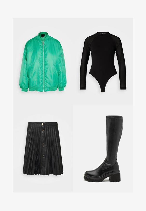 Vero Moda VMAMBER OVERSIZE JACKET - Bombera - bright green; Čierny dlhý rukáv body s vysokým golierom, s pevným látkovým trupom a priehľadnými sieťovinovými rukávmi, navrhnuté v priliehavom strihu.; VILA VIAMINA BUTTON SKIRT - Minisukňa - black; RAID RIMISHA - Čižmy na platforme - black