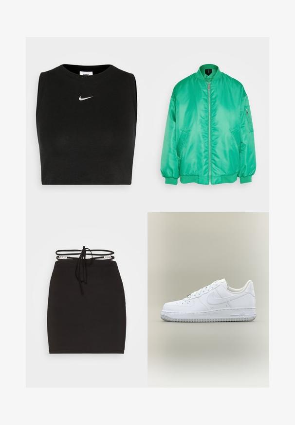 Vero Moda VMAMBER OVERSIZE JACKET - Bomber-jakk - bright green; Must musteta lühikeste varrukatega crop top, valmistatud ribakanga materjalist, omab ümarat kaelaauku ja väikest valget Nike logo rinnal.; Noisy May NMCELESTE CHAIN DETAILS SKRIT - Miniseelik - black; Valge madala säärega Nike Air Force 1 tennisejalanõu paelte, auguaugulise varbaosaga ja tekstureeritud kummist tallaga neutraalsel taustal.