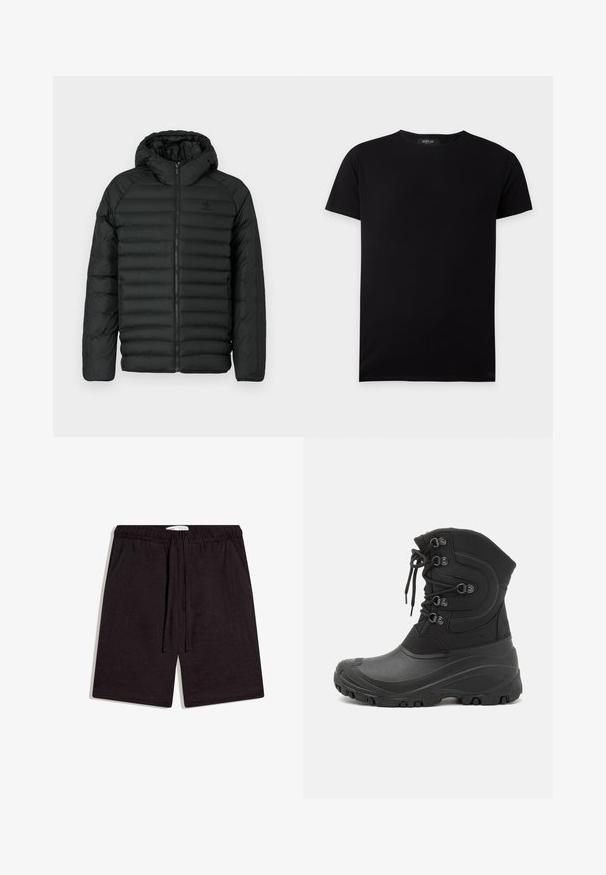Schwarze Steppjacke mit Kapuze, ausgestattet mit einem gesteppten Design, Reißverschluss und seitlichen Taschen. Hergestellt aus leichtem, wasserabweisendem Material.; Schlichtes schwarzes T-Shirt mit kurzen Ärmeln und Rundhalsausschnitt, flach ausgelegt, mit einem kleinen Replay-Label innen im Kragen.; Schwarze Freizeitshorts mit elastischem Bund, vorderer Kordelzug und Seitentaschen, flach auf weißem Hintergrund liegend.; Schwarze, wasserdichte Winterstiefel mit Textil-Obermaterial, Schnürverschluss, Gummisohle, gestepptem Design und strukturierten Akzenten für Halt und Isolierung.