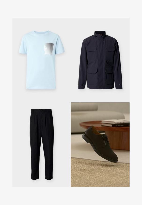 Mørkeblå jakke med høj krave, fire brystlommer med klap og manchetter med knapper, vist på en ensartet lys baggrund.; Lyseblå bomulds t-shirt med korte ærmer og rund halsudskæring. Har et rektangulært grafisk print i sort og hvidt på venstre bryst.; Sorte skræddersyede herrebukser med knaplukning, bæltestropper, forreste læg, sidelommer og opbukket kant.; Sort læder snøresko til formelle lejligheder, der svæver over en beige tekstureret tæppe med et træ sofabord og stabler af bøger i baggrunden.