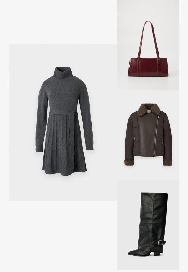 Veste marron avec un col en faussefourrure, panneau avant en cuir, poches zippées et manches matelassées. Tissu texturé avec des détails contrastés.; Robe en tricot grise avec un col roulé haut, des manches longues, une taille accentuée avec une ceinture, et des détails de jupe plissée.; Bottes noires en cuir longueur cheville avec un bout pointu, texture lisse et une accent en boucle argentée sur le côté. Talon carré épais.; Sac à main bordeaux en matériau brillant, de forme rectangulaire, avec deux anses et des accents légèrement courbés à l'avant.