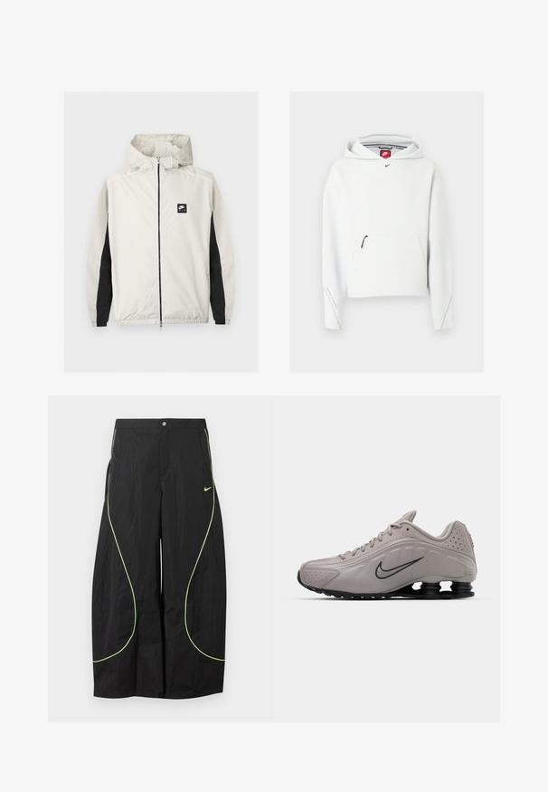 Hellgraue Nike Air Windjacke mit Reißverschluss, Kapuze und schwarzen Einsätzen an den inneren Ärmeln.; Weißer Nike-Hoodie mit Reißverschlusstasche vorne, kleinem schwarzem Nike-Logo auf der Brust und Kapuze, auf einem einfarbigen hellen Hintergrund dargestellt.; Schwarze Nike-Hose mit weitem Bein, neongrünem, geschwungenem Paspel und kleinem Nike-Swoosh-Logo auf dem rechten Oberschenkel, mit Knopf- und Reißverschlussbund.; Helle graue Sportschuhe mit einem geformten Obermaterial, strukturierten Akzenten, schwarzer Sohle und einem auffälligen Nike-Swoosh in Dunkelgrau. Verfügt über Perforationen.
