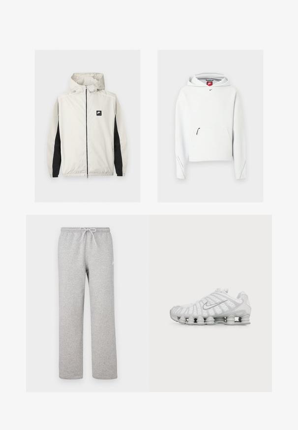 Cortavientos Nike Air color gris claro con cremallera y capucha, con paneles negros a lo largo de las mangas interiores.; Sudadera blanca de Nike con bolsillo frontal con cremallera, pequeño logo negro de Nike en el pecho y capucha, mostrada sobre un fondo claro y liso.; Pantalones deportivos grises con cintura elástica y cordón ajustable. Fabricados con tela suave, cuentan con piernas rectas y un sutil detalle de logotipo.; Zapatilla blanca Nike con diseño ondulado distintivo y amortiguación tipo resorte en la suela, vista de lado sobre un fondo liso.