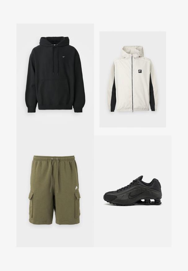 Lysegrå Nike Air vindjakke med lynlås og hætte samt sorte paneler langs de indvendige ærmer.; Sort Nike hoodie med frontlomme, snor i hætten, ribbede manchetter og lille hvid Nike swoosh-logo på brystet.; Olivengrønne Nike cargoshorts med elastisk taljebånd, justerbar snøre, sidelommer med klap og lille hvid Nike-logo på venstre lår.; Sorte løbesko med en glat syntetisk overdel, perforerede detaljer, teksturerede sidedele og en distinkt fjedrende sål.