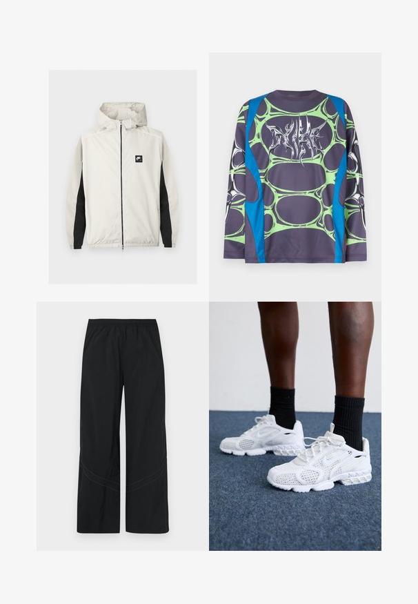 Svetlosivá vetrovka Nike Air na zips s kapucňou a čiernymi panelmi pozdĺž vnútorných rukávov.; Tričko s dlhým rukávom z hladkej látky, má tmavosivý základ, zelené vzory pripomínajúce bubliny a modré akcenty. Na prednej strane je štýlový biely grafický motív.; Čierne nohavice s širokými nohavicami z ľahkej látky s elastickým pásom a jemným zaobleným šitím na leme.; Biele športové topánky s priedušnou sieťovinou, textúrovanými akcentmi a polstrovanou podrážkou. Kombinované s čiernymi rebrovanými členkovými ponožkami na modrom kobercovom povrchu.