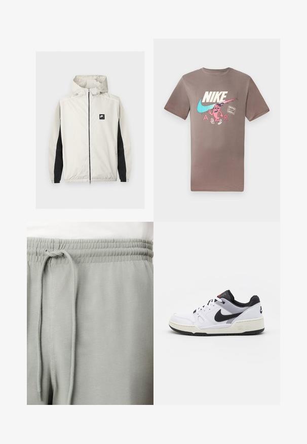 Cortavientos Nike Air color gris claro con cremallera y capucha, con paneles negros a lo largo de las mangas interiores.; Camiseta de algodón marrón con un gráfico colorido de un personaje con gafas de sol, junto a los logos de Nike y Air en colores contrastantes.; Primer plano de pantalones de chándal gris claro con cintura elástica y cordón, llevados con una camiseta blanca.; Zapatilla blanca con acentos negros, paneles grises y una suela de goma texturizada. Presenta un diseño con cordones y el logo de Nike en el costado y en la parte trasera.