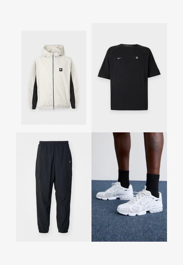 Lysegrå Nike Air vindjakke med lynlås og hætte samt sorte paneler langs de indvendige ærmer.; Sort Nike sportstrøje med korte ærmer med hvid swoosh-logo på venstre bryst og lille firkantet emblem på højre bryst, ensfarvet baggrund.; Sorte cargo-bukser lavet af letvægtsmateriale, der har en elastisk talje, sidelommer og en afslappet pasform med elastiske manchetter.; Hvide atletik-sko med mesh-overdel, teksturerede accenter og polstret sål. Parret med sorte ribbede ankelstrømper på en blå tæppebelagt overflade.