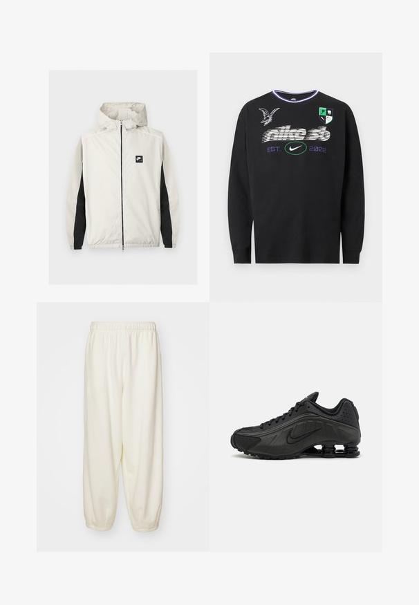 Lysegrå Nike Air vindjakke med lynlås og hætte samt sorte paneler langs de indvendige ærmer.; Sort Nike SB langærmet skjorte med hvidt sløret logo, lilla "EST. 2002," en ørn grafik og et skjold med ikoner på brystet.; Cremefarvede sweatpants lavet af blødt stof, med en elastisk talje og tapered manchetter, i en afslappet pasform og uden synlige mønstre.; Sorte løbesko med en glat syntetisk overdel, perforerede detaljer, teksturerede sidedele og en distinkt fjedrende sål.