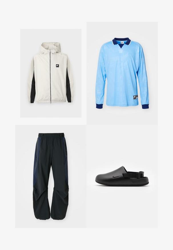 Lysegrå Nike Air vindjakke med lynlås og hætte samt sorte paneler langs de indvendige ærmer.; Lyseblå langærmet polo trøje med marineblå krave og manchetter, med et diskret all-over mønster og Nike-logo på den nederste kant.; Sorte udendørsbukser med en afslappet pasform, udstyret med elastisk talje, marineblå sidepaneler og lynlåslommer på begge sider.; Sorte formede klipklapper med en glat overflade, rygstrop for stabilitet og en ribbet sål for greb. Fungerer med et lille logo på siden.