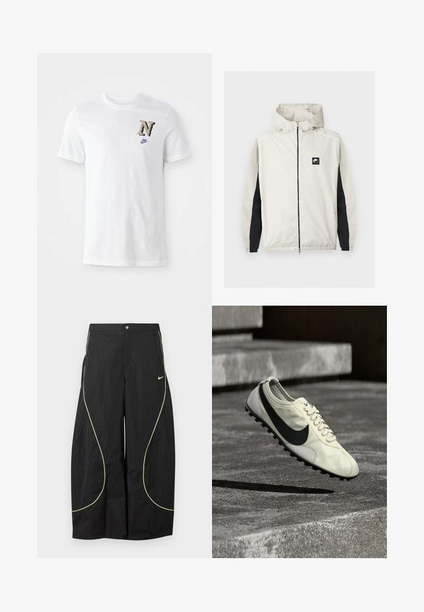 Lysegrå Nike Air vindjakke med lynlås og hætte samt sorte paneler langs de indvendige ærmer.; Hvid bomulds t-shirt med et camouflagestruktur mønsteret "N" logo og et lille lilla Nike swoosh på brystet. Klassisk crew neck design.; Sorte Nike bukser med brede ben, med neon-grøn buet piping og lille Nike swoosh-logo på højre lår, knap- og lynlåslukning i taljen.; Hvid Nike-sneaker med sort Swoosh-logo, snørebånd og gummisål med trækkraft, vist midt i luften over betonstrappen.