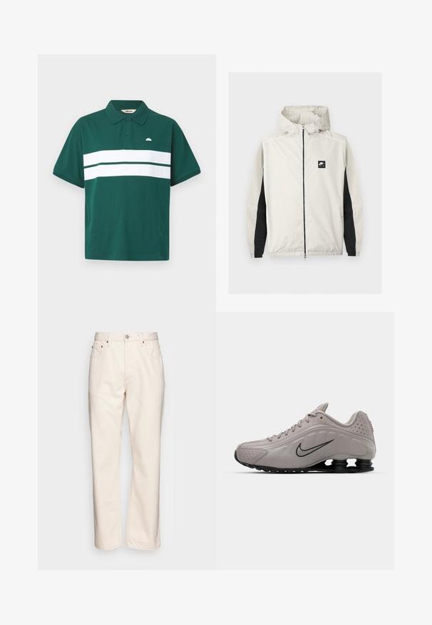 Lysegrå Nike Air vindjakke med lynlås og hætte samt sorte paneler langs de indvendige ærmer.; Grøn polo skjorte lavet af bomuld med en hvid vandret stribe hen over brystet. Har en klassisk krave og et lille logo på venstre side.; Cremfarvet denim jeans med lige ben. Har fem lommer, frontlukning med knap og kontrasterende syninger.; Lys grå atletisk sko med en formet overdel, teksturerede accenter, sort sål og et fremtrædende Nike swoosh i mørkegrå. Har perforeringer.