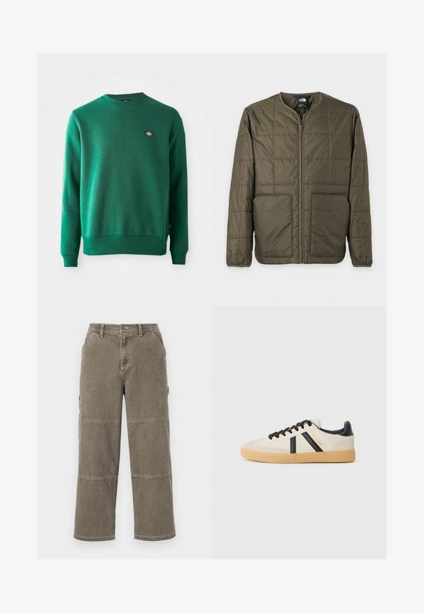 Olivgrüne gesteppte Jacke mit Frontreißverschluss, zwei großen Taschen, rundem Kragen und elastischen Bündchen von The North Face.; Grüne Sweatshirt aus einem Baumwollmischgewebe. Verfügt über einen gerippten Rundhalsausschnitt, lange Ärmel und ein kleines Logopatch auf der Brust.; Baumwoll-Cargohosen in gedämpftem Olivgrün mit weitem Bein, doppelten Nähnähten und seitlichen Taschen, ausgestattet mit einem Knopfverschluss und Gürtelschlaufen.; Legere Sneaker in Creme mit schwarzen Streifen, mit einer strukturierten Oberseite und einer Sohle aus Gummi. Die Schnürsenkel sind schwarz. Diskretes Logo an der Seite.