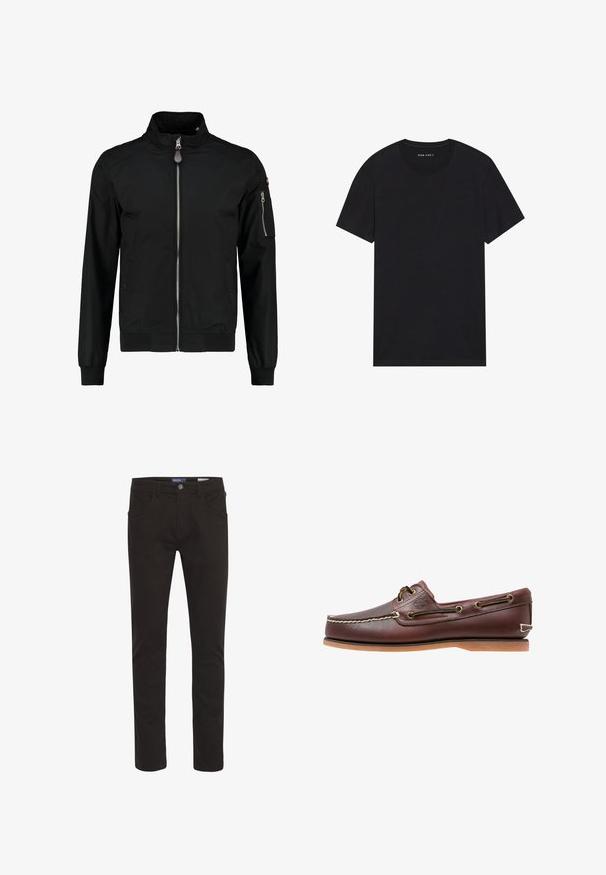 Veste bomber noire en tissu lisse. Elle possède une fermeture éclair à l'avant, des poignets et un ourlet côtelés, ainsi qu'une poche zippée sur le bras gauche.; T-shirt en coton noir à manches courtes et col rond. Le tissu a une texture lisse et un design simple et uni.; Pantalons en mélange de coton noir, coupe slim, avec une fermeture à bouton, cinq poches, et une texture lisse. Présente des détails de couture classiques.; Chaussure bateau en cuir marron avec coutures blanches, détails de lacets et semelle en caoutchouc beige, vue de côté sur fond blanc.