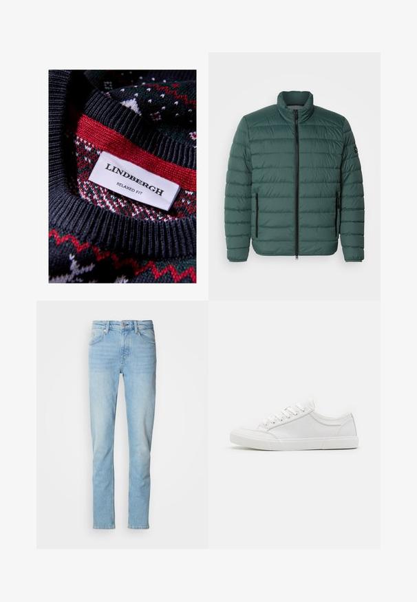 Groene donsjacket met horizontale stiksel, hoge kraag, volledige ritssluiting aan de voorkant en twee zijzakken met rits. Gladde textuur zonder patronen.; Zwarte gebreide trui met een textuurpatroon en rode en groene accenten. Etiket zegt "LINDBERGH RELAXED FIT."; Lichtblauwe jeans van denim, met een rechte pasvorm, vijf zakken, riemlussen en een knoopsluiting.; Witte sneakers met een glad leren bovenwerk, ronde neus, platte rubberen zool en zes oogjes voor veters. Subtiele stikseldetails, minimalistisch ontwerp.