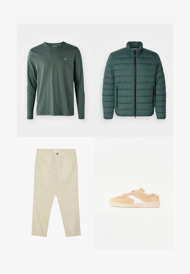Groene donsjacket met horizontale stiksel, hoge kraag, volledige ritssluiting aan de voorkant en twee zijzakken met rits. Gladde textuur zonder patronen.; Langsleeve shirt in donkergroen katoen met een ronde halslijn, subtiele textuur en klein wit "M OP" logo op de linkerborst.; Beige katoenen broeken met een rechte snit, voorzakken en een knoopsluiting. Enkel lengte met een gladde textuur.; Beige suede sneaker met witte accenten, ronde neus en vetersluiting. Gestructureerde bovenkant en rubberen zool met discrete branding.