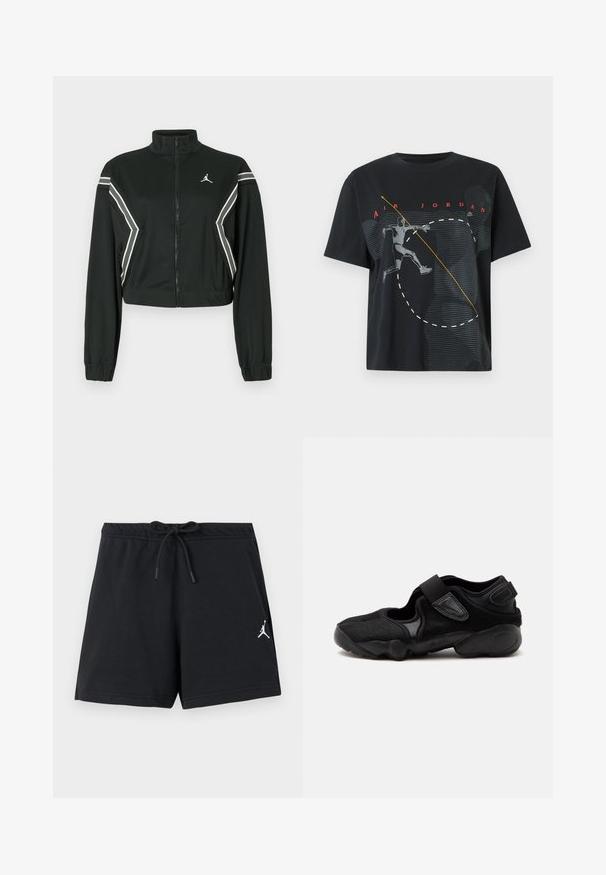 Veste noire courte zippée avec col montant, poignets élastiques, rayures blanches et grises en biais sur les manches et les côtés, et petit logo blanc sur la poitrine.; T-shirt noir Air Jordan avec un graphisme d'un joueur de basket en plein saut et le texte rouge "AIR JORDAN" au-dessus.; Shorts de sport noirs avec taille à cordon de serrage et petit logo Jumpman blanc sur la jambe gauche.; Chaussure de sport noire avec un bout arrondi, des sangles réglables et une semelle texturée, vue de côté sur un fond uni.