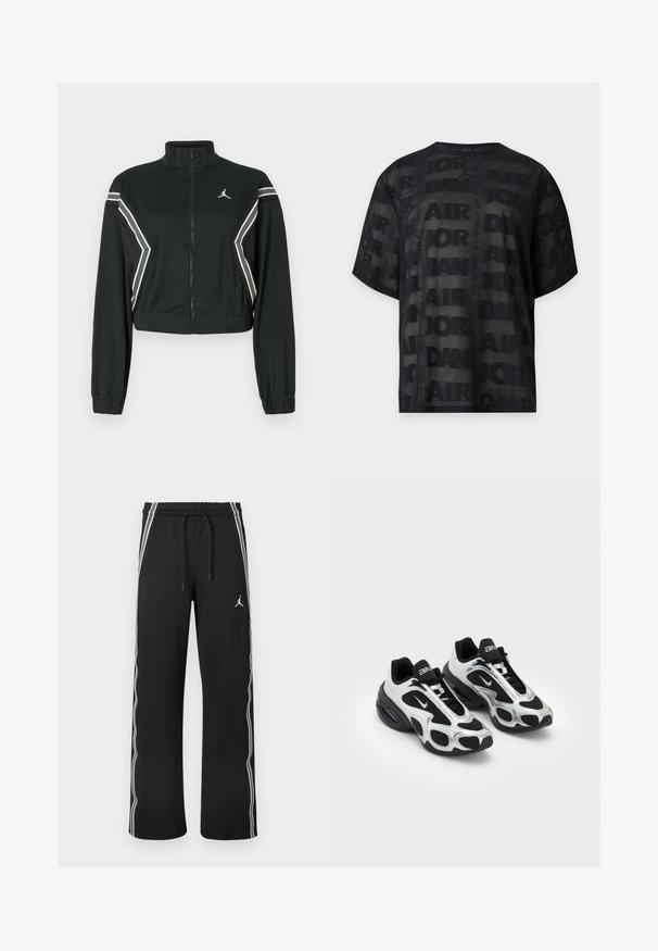Chaqueta corta negra con cremallera y cuello alto, puños elásticos, franjas anguladas en blanco y gris en las mangas y los lados, y pequeño logotipo blanco en el pecho.; Camiseta negra de malla de manga corta con patrón repetitivo de texto "Air Jordan" y un pequeño logo Jordan Jumpman en el centro del escote delantero.; Pantalones deportivos negros con franjas blancas en los costados, cintura elástica con cordones y un pequeño logo Jumpman en el muslo derecho.; Zapatos deportivos negros y plateados con parte superior de malla y sintético, que presentan un diseño ondulante distintivo y un collar acolchado, con amortiguación de aire en la suela.