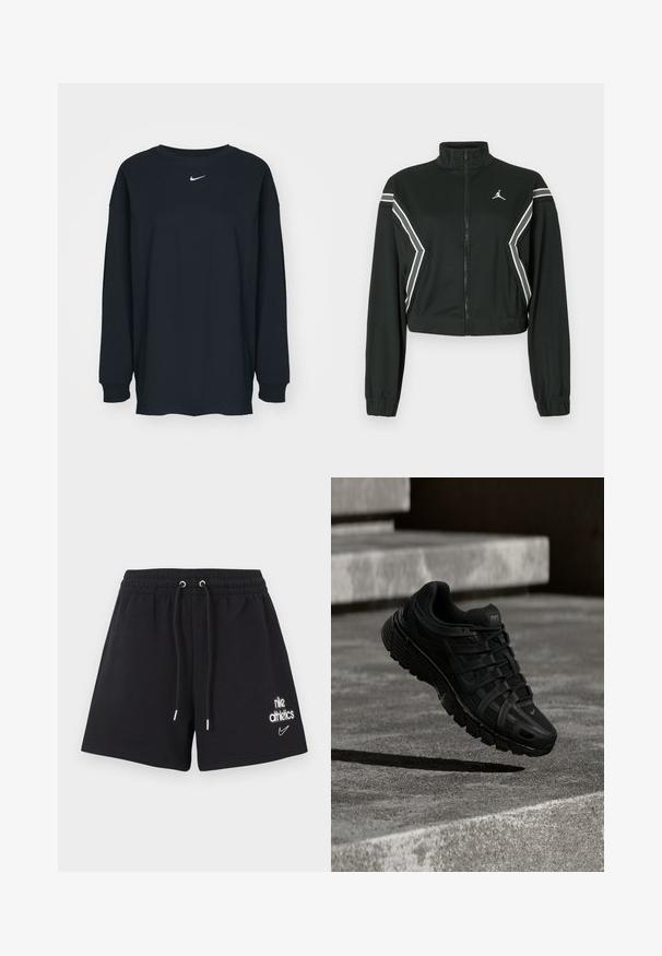 Sort cropped zip-jakke med høj krave, elastiske manchetter, hvide og grå skrå striber på ærmer og sider, samt et lille hvidt logo på brystet.; Sort langærmet T-shirt lavet af bomuld med rund hals. Har et hvidt Nike-logo på brystet. Blød tekstur, enkelt design.; Sorte atletikshorts lavet af bomuld med elastisk taljebånd og snøre, samt trykt Nike-logo på venstre lår.; Sort atletiksko med mesh-overdel, gummisål og indviklet snøredesign; har en let bue og Nike-branding.