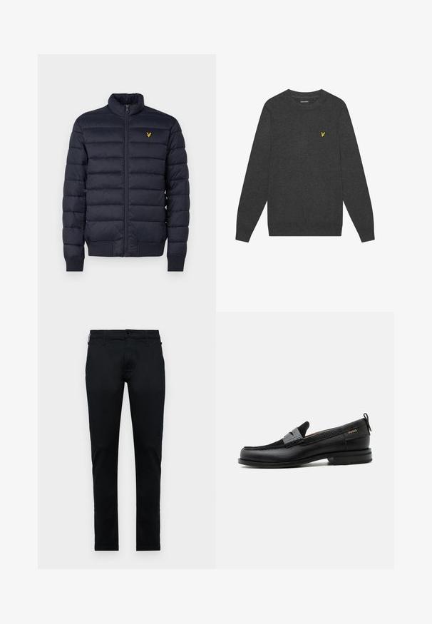Chaqueta acolchada navy con cuello alto, textura de costura horizontal, cierre de cremallera en la parte delantera y puños de canalé. Presenta un pequeño logo dorado en el pecho.; Suéter de cuello redondo en gris oscuro, hecho de una tela suave. Presenta un pequeño logotipo amarillo bordado en el pecho. Mangas largas con puños acanalados.; Pantalones de tejido negro, diseño ajustado, con bolsillos estándar, cierre delantero con botón y costuras en contraste. Textura suave, sin patrones.; Mocasín de cuero negro con detalle de tira gris, tacón bajo y suela texturizada, con la marca "HUGO" en oro en el lateral.