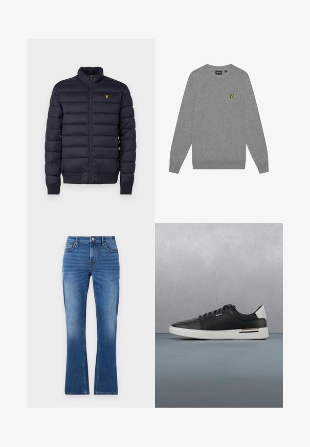Chaqueta acolchada navy con cuello alto, textura de costura horizontal, cierre de cremallera en la parte delantera y puños de canalé. Presenta un pequeño logo dorado en el pecho.; Suéter gris de manga larga, con cuello redondo y puños acanalados. Presenta un pequeño logotipo bordado en amarillo en el lado izquierdo del pecho. Fabricado con un tejido suave.; Vaqueros acampanados de mezclilla en azul medio. Presentan un diseño de cinco bolsillos, detalles cosidos, un cierre de botón y una textura ligeramente desgastada en las piernas.; Zapatilla de cuero negra con suela blanca, cuenta con perforaciones, diseño de cordones, logo en el costado y detalle del talón en blanco y marrón.
