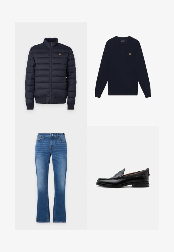 Chaqueta acolchada navy con cuello alto, textura de costura horizontal, cierre de cremallera en la parte delantera y puños de canalé. Presenta un pequeño logo dorado en el pecho.; Suéter de cuello redondo de manga larga en azul marino con un pequeño logotipo de águila bordado en amarillo en el lado izquierdo del pecho.; Vaqueros acampanados de mezclilla en azul medio. Presentan un diseño de cinco bolsillos, detalles cosidos, un cierre de botón y una textura ligeramente desgastada en las piernas.; Mocasín de hombre de piel negra con costura moc toe, tira penny, cuello texturizado y tacón bajo apilado sobre fondo blanco.