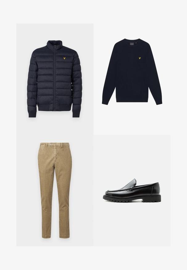 Doudoune marine avec col montant, texture à coutures horizontales, fermeture éclair devant et poignets côtes. Dispose d'un petit logo doré sur la poitrine.; Pull à col rond à manches longues de couleur bleu marine avec un petit logo d'aigle brodé en jaune sur la poitrine gauche.; Pantalon en velours côtelé beige avec une coupe droite, doté d'une fermeture à boutonnage et de poches avant. Texture lisse avec un motif côtelé visible.; Mocassin en cuir noir avec semelle en caoutchouc épaisse, dessus cousu et nom de marque embossé sur le talon, présenté de profil sur fond blanc.