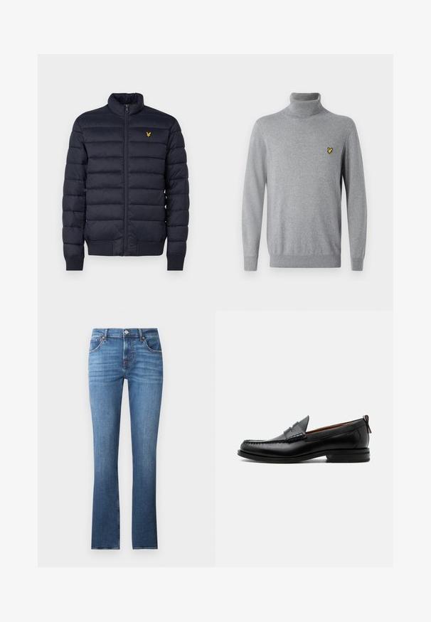 Marineblå pufferjakke med høj krave, vandret quiltet struktur, lynlåslukning foran og ribbet manchetter. Har et lille gyldent logo på brystet.; Grå turtleneck sweater lavet af blødt stof, med en slim fit og et lille broderet gult logo på brystet.; Blå denimjeans med lige ben design, prydet med let falmning, fem lommer og metalbeslag. Taljen inkluderer bæltesløjfer.; Sort læder herre loafer med moc-tå syning, penny strop, struktureret krave og lav stablet hæl på hvid baggrund.