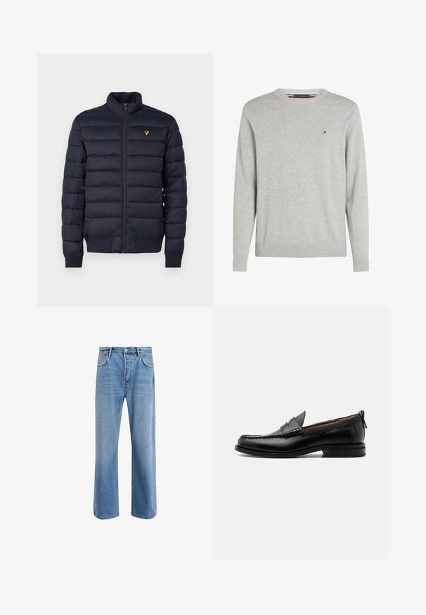 Marineblå pufferjakke med høj krave, vandret quiltet struktur, lynlåslukning foran og ribbet manchetter. Har et lille gyldent logo på brystet.; Lysegrå crewneck trøje med lange ærmer og lille rød, hvid og blå logo på venstre bryst.; Lyseblå denim jeans med lige ben-design, fem lommer, knaplukning, minimal falming og kontraststingdetaljer.; Sort læder herre loafer med moc-tå syning, penny strop, struktureret krave og lav stablet hæl på hvid baggrund.