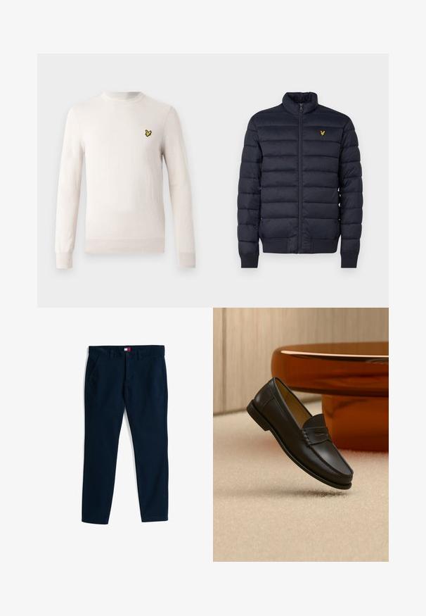 Marineblå pufferjakke med høj krave, vandret quiltet struktur, lynlåslukning foran og ribbet manchetter. Har et lille gyldent logo på brystet.; Lysebeige sweater med lange ærmer, rund hals og ribbet kant. Har et lille sort og gult broderet logo på brystet.; Marineblå bomulds chinos med to frontlommer, slim fit-design og knaplukning. Har et logomærke ved taljen.; Sort læder loafer-sko hængende over beige tæppe med ravfarvet moderne møblement i baggrunden.