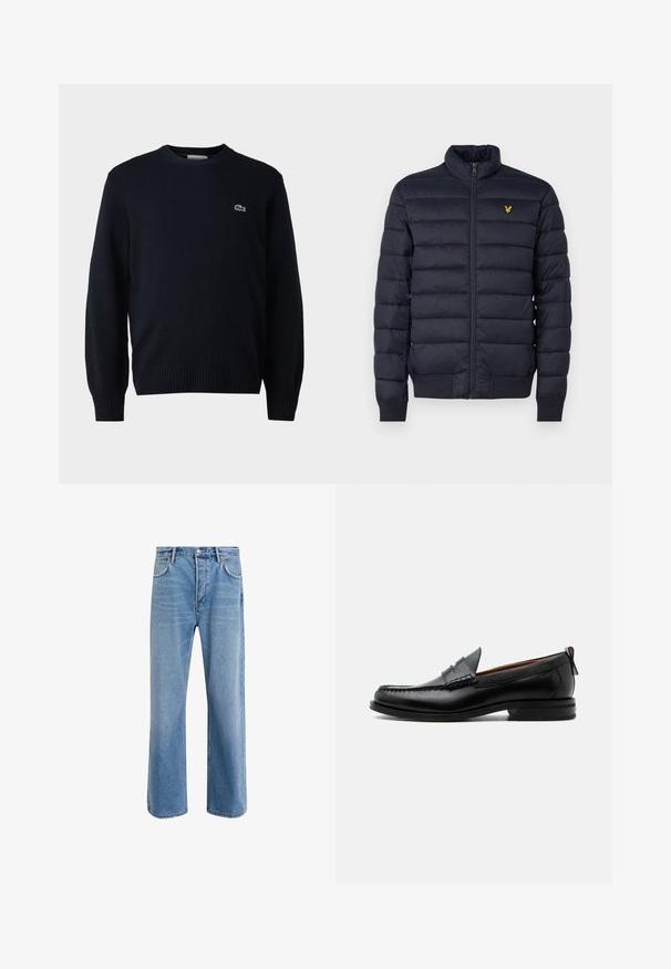 Marineblå pufferjakke med høj krave, vandret quiltet struktur, lynlåslukning foran og ribbet manchetter. Har et lille gyldent logo på brystet.; Marine crew-neck sweater lavet af blødt materiale, med ribbede manchetter og kant. Lille grønt Lacoste-logo på brystet.; Lyseblå denim jeans med lige ben-design, fem lommer, knaplukning, minimal falming og kontraststingdetaljer.; Sort læder herre loafer med moc-tå syning, penny strop, struktureret krave og lav stablet hæl på hvid baggrund.