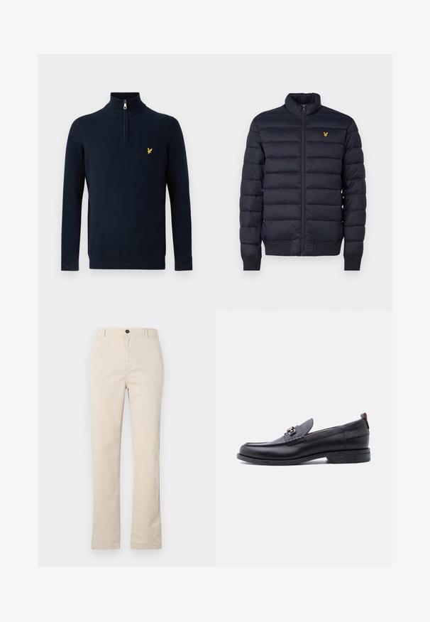 Chaqueta acolchada navy con cuello alto, textura de costura horizontal, cierre de cremallera en la parte delantera y puños de canalé. Presenta un pequeño logo dorado en el pecho.; Jersey azul marino con cuello de medio cierre, hecho de tela suave; cuenta con un pequeño logo amarillo bordado en el pecho.; Pantalones de algodón beige claro con un diseño de pierna recta, que cuentan con un cierre frontal de botón, cremallera y detalles de costura mínimos.; Mocasín de cuero negro con empeine gris texturizado, detalle de hebilla metálica plateada, tacón bajo y lengüeta para tirar en la parte trasera.