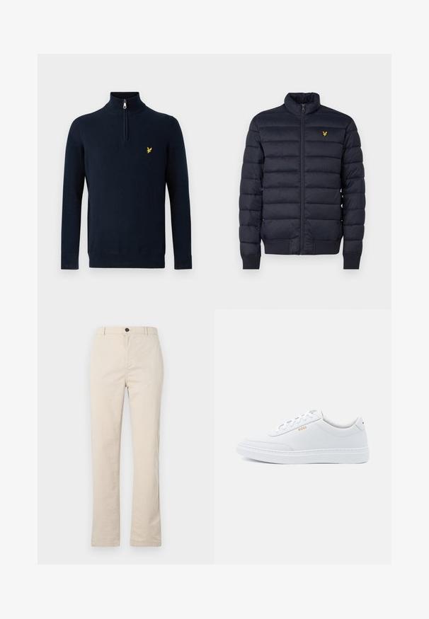 Chaqueta acolchada navy con cuello alto, textura de costura horizontal, cierre de cremallera en la parte delantera y puños de canalé. Presenta un pequeño logo dorado en el pecho.; Jersey azul marino con cuello de medio cierre, hecho de tela suave; cuenta con un pequeño logo amarillo bordado en el pecho.; Pantalones de algodón beige claro con un diseño de pierna recta, que cuentan con un cierre frontal de botón, cremallera y detalles de costura mínimos.; Zapatillas de cuero blanco con textura suave, puntera redondeada y costuras tonales. Cuentan con cordones azules y un logo dorado en el lateral.
