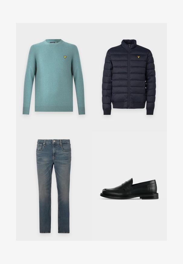 Marine pufferjack met een hoge hals, horizontaal gestikte textuur, ritssluiting aan de voorkant en ribgebreide manchetten. Beschikt over een klein gouden logo op de borst.; Sweater met ronde hals in zachte teal stof, met lange mouwen en een geribde zoom. Gele geborduurde logo-accent op de borst.; Heren slim-fit blauwe denim jeans met een lichte vervaging en klassiek vijf-pocket ontwerp, weergegeven tegen een witte achtergrond.; Zwarte leren heren penny loafer met lage gestapelde hak en afgeronde neus, zijaanzicht op lichte grijze achtergrond.