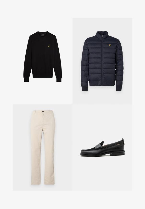 Chaqueta acolchada navy con cuello alto, textura de costura horizontal, cierre de cremallera en la parte delantera y puños de canalé. Presenta un pequeño logo dorado en el pecho.; Jersey negro hecho de tela suave, con cuello redondo y mangas largas. Pequeño logo amarillo bordado en el pecho izquierdo.; Pantalones de algodón beige claro con un diseño de pierna recta, que cuentan con un cierre frontal de botón, cremallera y detalles de costura mínimos.; Mocasín de cuero negro con detalle de tira gris, tacón bajo y suela texturizada, con la marca "HUGO" en oro en el lateral.