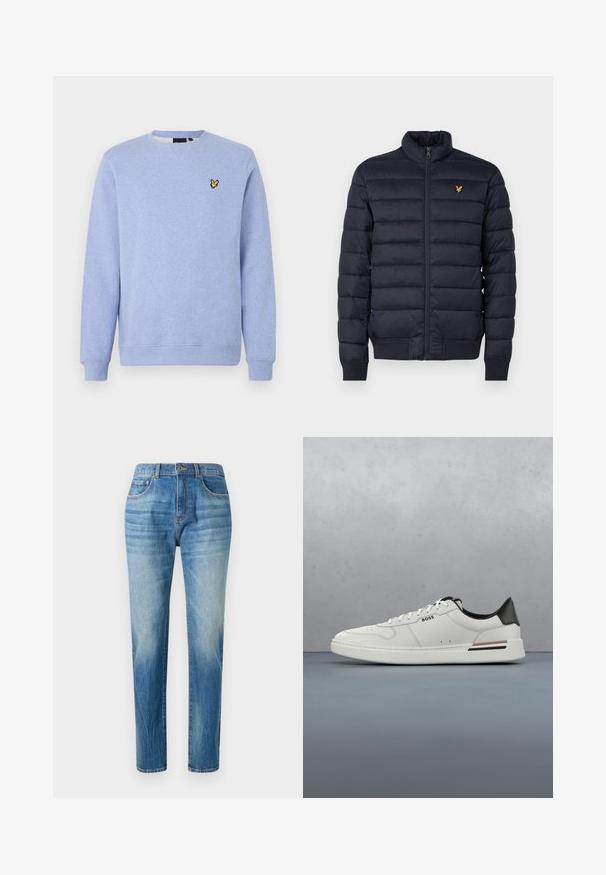 Marineblauer Puffer-Jacke mit hohem Kragen, horizontal gestepptem Muster, Reißverschluss vorne und gerippten cuffs. Enthält ein kleines goldenes Logo auf der Brust.; Hellblaues Sweatshirt mit Rundhalsausschnitt, gerippten Bündchen und Saum, mit kleinem gelben Vogel-Logo auf der linken Brust.; Hellblaue Denim-Jeans im geraden Schnitt, mit hoher Taille, subtiler Auswaschung und klassischem Fünf-Taschen-Design. Metallknopfverschluss.; Weißer Sneaker mit niedrigem Schnitt und schwarzer Ferse, Schnürverschluss, dezenten Perforationen und "BOSS"-Logo an der Seite, gezeigt von der äußeren Seitenansicht.