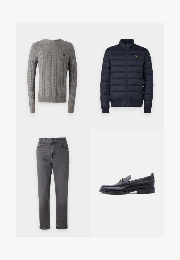 Doudoune marine avec col montant, texture à coutures horizontales, fermeture éclair devant et poignets côtes. Dispose d'un petit logo doré sur la poitrine.; Pull en maille torsadée gris avec un col rond, des manches longues et un petit logo jaune brodé sur la poitrine. Poignets et ourlet côtelés.; Jeans en denim gris avec une coupe droite, comportant cinq poches et une fermeture à bouton à l'avant. Texture lisse avec un léger délavage.; Mocassin en cuir noir avec empeigne texturée grise, détail boucle en métal argenté, petit talon et languette à l'arrière.