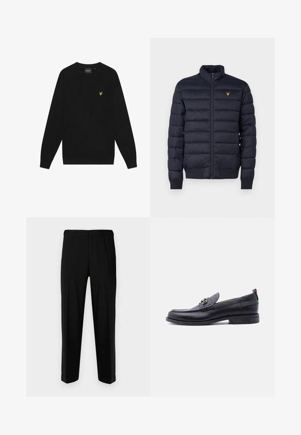 Marine pufferjack met een hoge hals, horizontaal gestikte textuur, ritssluiting aan de voorkant en ribgebreide manchetten. Beschikt over een klein gouden logo op de borst.; Zwarte katoenen sweatshirt met lange mouwen en een ronde hals. Voorzien van een klein geel adelaarslogo op de borst. Zachte textuur.; Zwarte broek van gladde stof, met een rechte snit, twee voorzakken en een ritssluiting met knoopsluiting.; Zwarte leren loafer met grijze, gestructureerde vamp, zilveren metalen gesp, lage hak en trekkoord aan de achterkant.