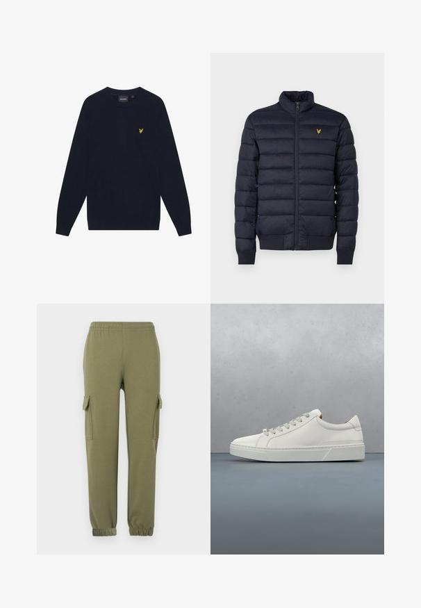 Marineblå pufferjakke med høj krave, vandret quiltet struktur, lynlåslukning foran og ribbet manchetter. Har et lille gyldent logo på brystet.; Mørkeblå langærmet crew neck sweater med et lille gult broderet ørnelogo på venstre bryst.; Cargo bukser i olivengrønt letvægtsstof, med sidelommer, elastisk talje og taperede manchetter for en tætsiddende pasform.; Hvid lædersneaker med rund tå, minimalistisk design, grå snørebånd og en tekstureret grå gummisål. Subtile syningsdetaljer er synlige.