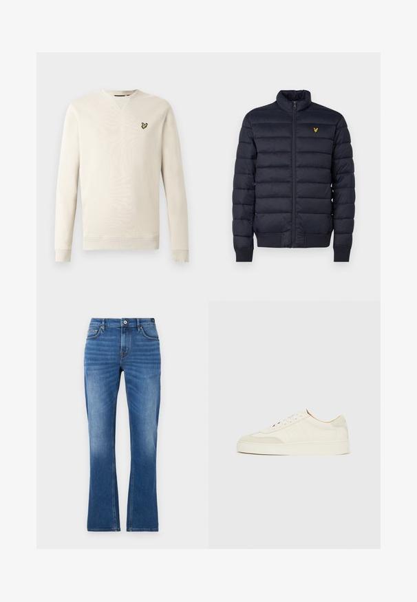 Marineblå pufferjakke med høj krave, vandret quiltet struktur, lynlåslukning foran og ribbet manchetter. Har et lille gyldent logo på brystet.; Lysebeige sweatshirt med lange ærmer, ribkant ved ærmer og hals. Har en lille sort og gul fuglelogo på venstre bryst. Blød tekstur.; Mellemblå denim flared jeans. Har fem lommer, syede detaljer, knaplukning og en let falmet tekstur på benene.; Hvide ruskinds-sneakers med en glat finish, rund tå, fladt snøresystem og kontrasterende teksturerede detaljer. Indeholder et diskret logo.
