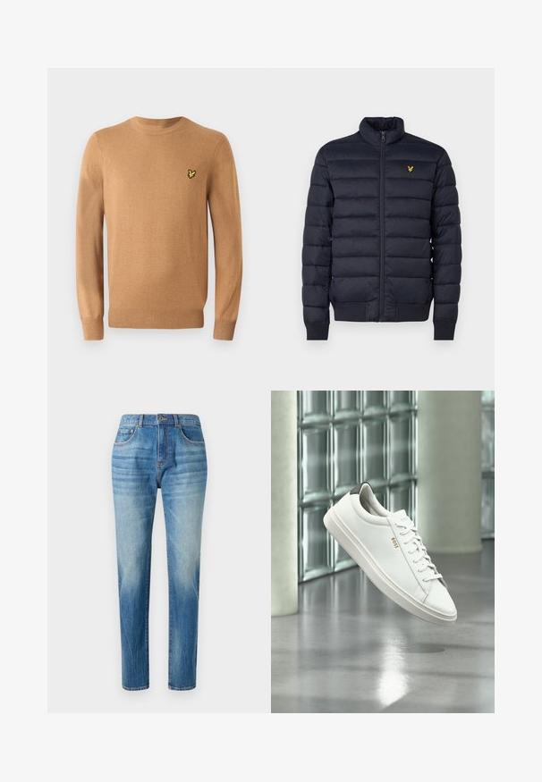 Doudoune marine avec col montant, texture à coutures horizontales, fermeture éclair devant et poignets côtes. Dispose d'un petit logo doré sur la poitrine.; Un pull en tricot marron clair avec des manches longues et des poignets côtelés ; arbore un petit logo d'oiseau jaune sur la poitrine gauche.; Jean en denim bleu clair, coupe droite, avec taille haute, décoloration subtile et style classique à cinq poches. Fermeture à bouton en métal.; Baskets basses en cuir blanc avec lacets, languette de talon noire et logo « BOSS », flottant à l'intérieur près d'un mur en blocs de verre et d'un sol poli.