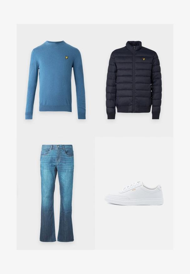 Marineblå pufferjakke med høj krave, vandret quiltet struktur, lynlåslukning foran og ribbet manchetter. Har et lille gyldent logo på brystet.; Blå strikket sweater med lange ærmer, rund halsudskæring og en lille gul fuglelogo på venstre bryst. Glat tekstur og tætsiddende design.; Mellemblå vask jeans i denim med let flare i bunden, klassisk fem-lomme design og frontlukning med knap og lynlås.; Hvide lædersneakers med glat tekstur, rund tå og ton-i-ton syning. Har blå snørebånd og et gult logo på siden.