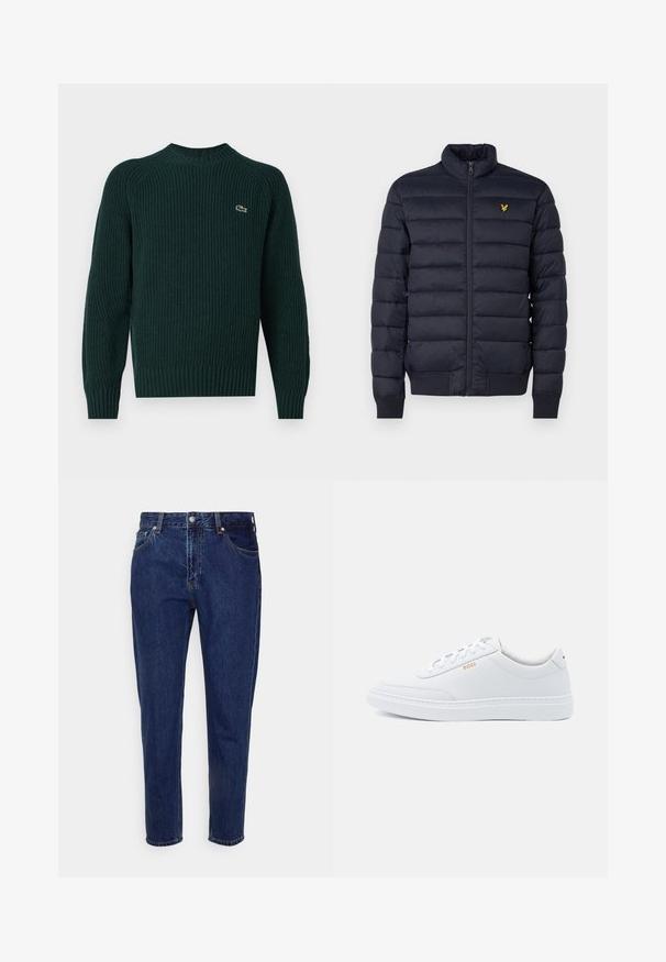 Doudoune marine avec col montant, texture à coutures horizontales, fermeture éclair devant et poignets côtes. Dispose d'un petit logo doré sur la poitrine.; Pull en tricot vert foncé avec un col rond, des poignets et un ourlet côtelés, comportant un petit logo brodé sur le côté gauche de la poitrine.; Jean droit en denim bleu foncé avec fermeture à bouton et zip à l'avant, passants pour ceinture, poches avant et arrière.; Baskets blanches en cuir avec une texture lisse, bout rond et coutures tonales. Possède des lacets bleus et un logo doré sur le côté.