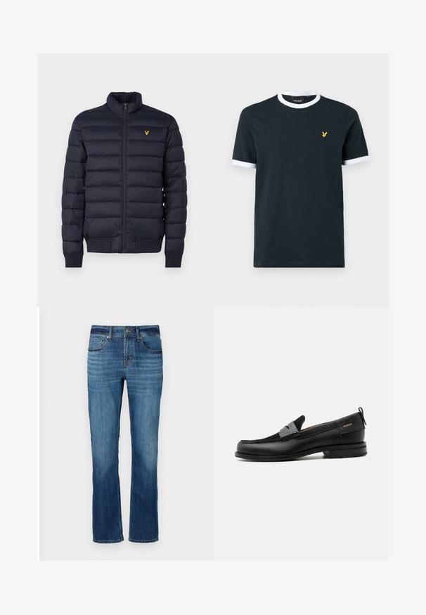 Marineblauer Puffer-Jacke mit hohem Kragen, horizontal gestepptem Muster, Reißverschluss vorne und gerippten cuffs. Enthält ein kleines goldenes Logo auf der Brust.; Marineblaues Baumwoll-T-Shirt mit weißem geripptem Kragen und Ärmelenden. Mit einem kleinen gelben gestickten Logo auf der linken Brust.; Blaue Jeans aus Denim mit geradem Bein, fünf Taschen, leichter Verwaschung und kupferfarbenen Nähten. Mit einem normalen Bündchen vollendet.; Schwarzer Lederloafer mit grauem Riemendetail, niedrigem Absatz und strukturierter Sohle, seitlich mit „HUGO“ in Gold gebrandmarkt.
