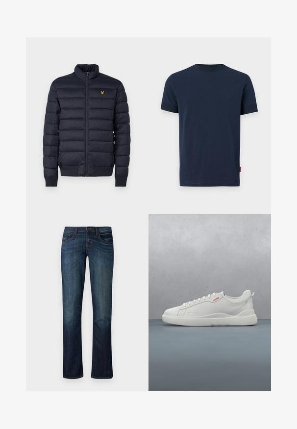Marineblauer Puffer-Jacke mit hohem Kragen, horizontal gestepptem Muster, Reißverschluss vorne und gerippten cuffs. Enthält ein kleines goldenes Logo auf der Brust.; Navyblaue Baumwoll-T-Shirt mit kurzen Ärmeln, Rundhalsausschnitt und einem kleinen roten Etikett-Akzent am unteren linken Saum. Weiche Textur, schlichtes Design.; Dunkelblaue Jeans aus Denim mit geradem Schnitt, fünf Taschen, dezentem Verblassen und Stickakzenten. Hergestellt aus weichem, strapazierfähigem Stoff.; Weiße Sneaker aus glattem Leder, runde Spitze, vier Ösen, dezente Perforationen und ein rotes Logodetail an der Seite.