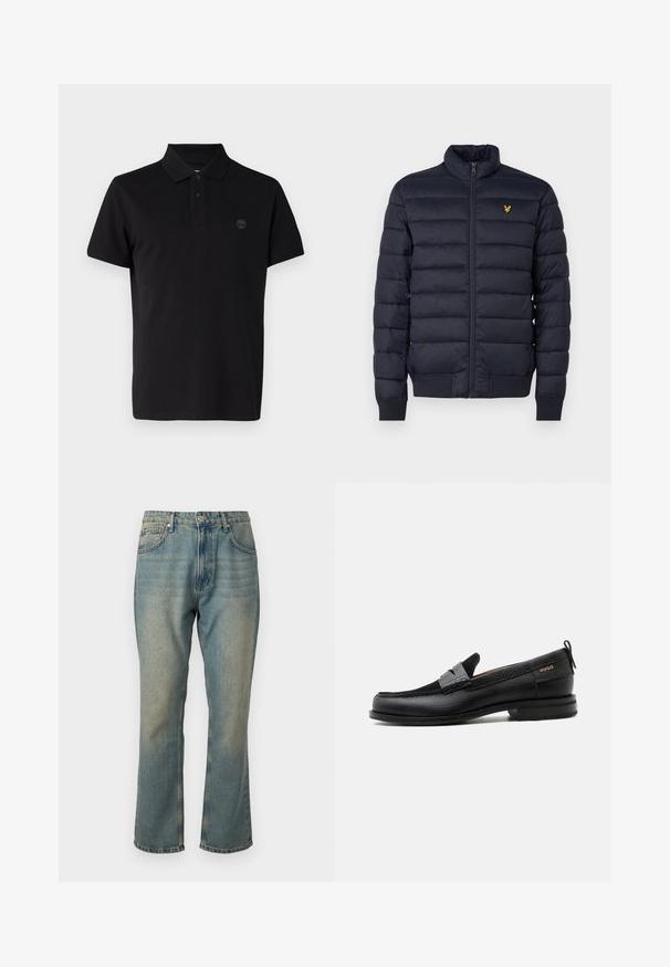 Marineblå pufferjakke med høj krave, vandret quiltet struktur, lynlåslukning foran og ribbet manchetter. Har et lille gyldent logo på brystet.; Sort polo shirt med en foldet krave, to knapper ved halsen og et broderet logo på venstre side af brystet. Korte ærmer.; Falmede blå denimjeans med lige ben, fem lommer og knaplukning. Har subtile lettere vaske detaljer.; Sort læderloafer med grå remdetalje, lav hæl og tekstureret sål, mærket med "HUGO" i guld på siden.