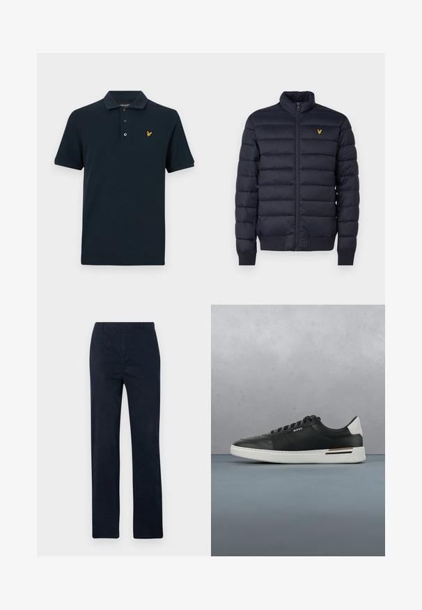 Marineblå pufferjakke med høj krave, vandret quiltet struktur, lynlåslukning foran og ribbet manchetter. Har et lille gyldent logo på brystet.; Marineblå polo-shirt lavet af bomuld, med en klassisk krave, tre-knaps placket og et lille gult ørne-logo på venstre bryst.; Mørkeblå bukser lavet af bomuld, med et lige ben-design, frontknaplukning og uden synlige mønstre eller accenter.; Sort lædersneaker med hvid sål, har perforeringer, snørebåndsdesign, logo på siden og kontrasterende hældetalje i hvid og brun.